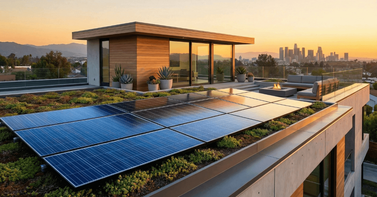 A modern home rooftop with sleek blue solar panels
