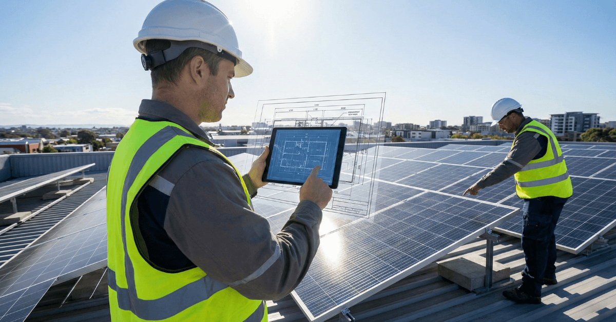 Engineer analyzing solar panel installation on a rooftop