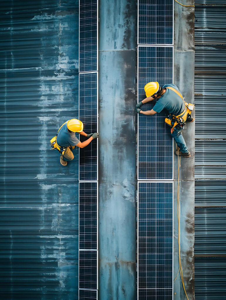 workers installing solar panels for sustainability